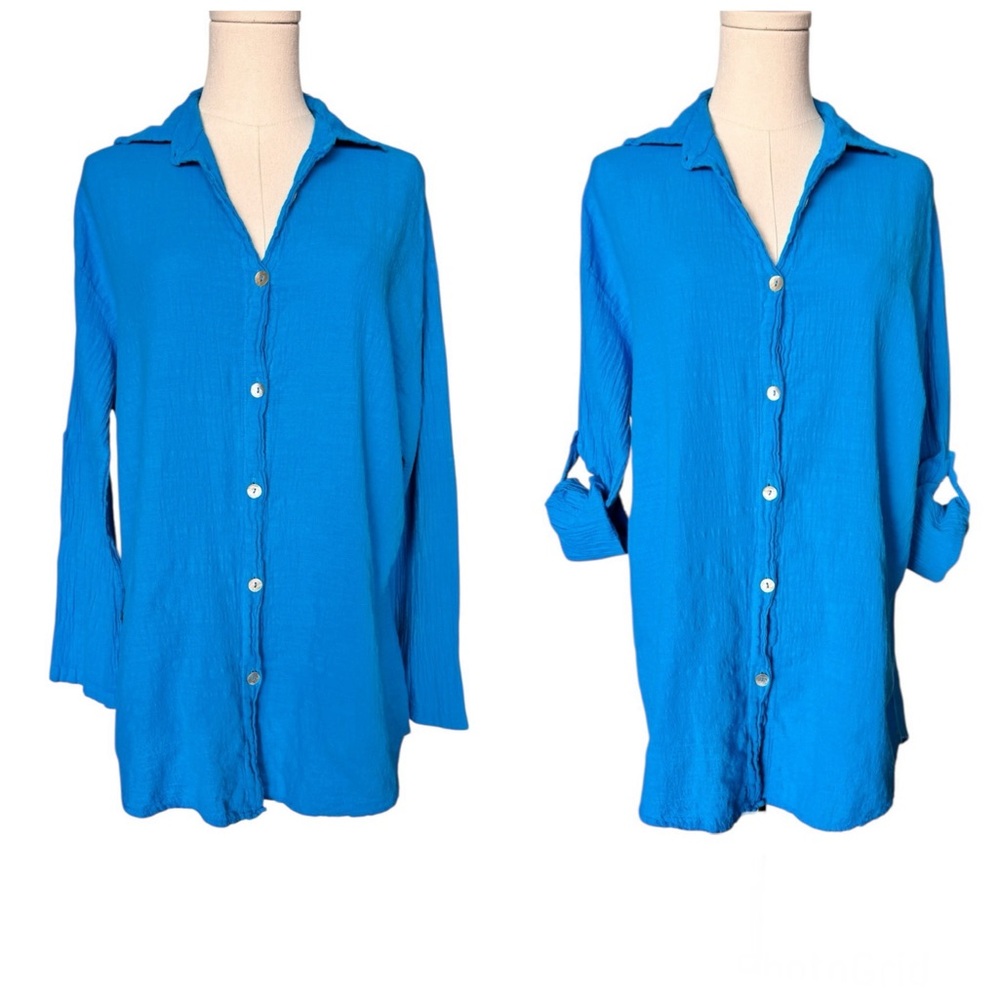 Blanco by Nature Cotton Gauze Button Up Tunic with Adjustable Sleeves Size Small